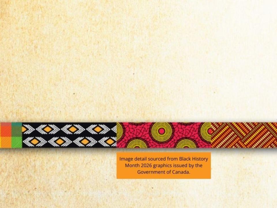 sandy gradient background with stripes of different African cloth at bottom