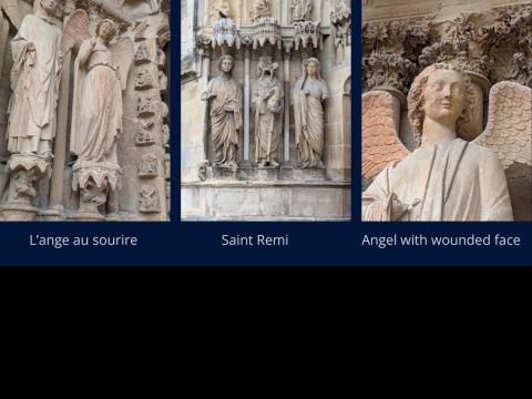 photos of stone angels and saints in cathedral wall in France 