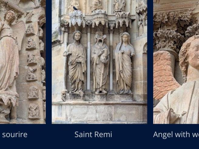 photos of stone angels and saints in cathedral wall in France 
