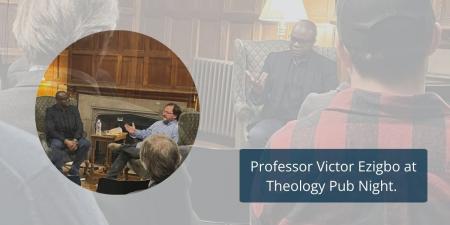 Steve Hewko and Victor Ezibgo sit in chairs in the Reading Room before unlit fireplace with backs of heads of audience in foreground