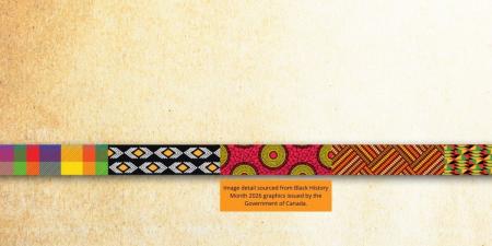 sandy gradient background with stripes of different African cloth at bottom