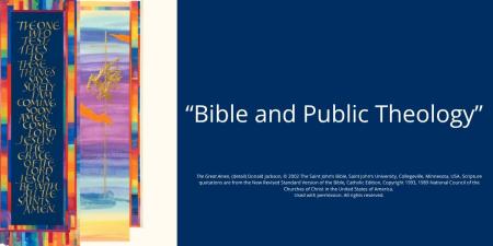 Title of event on Wycliffe blue background with detail from Saint John's Illustrated Bible
