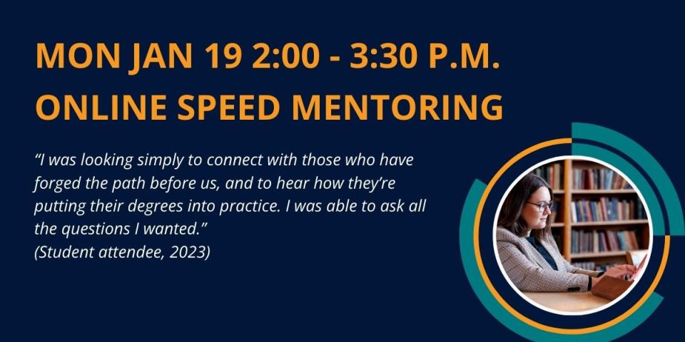 Alumni Speed Mentoring student at computer plus quote on WY royal blue background