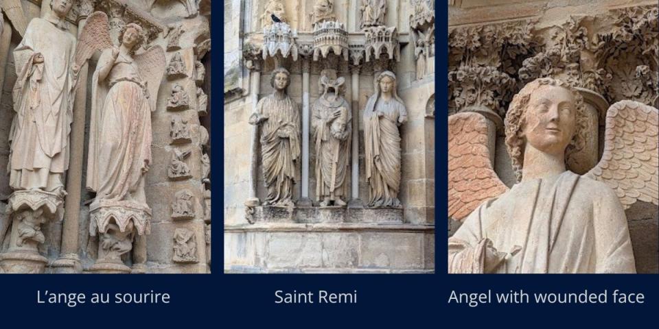photos of stone angels and saints in cathedral wall in France 