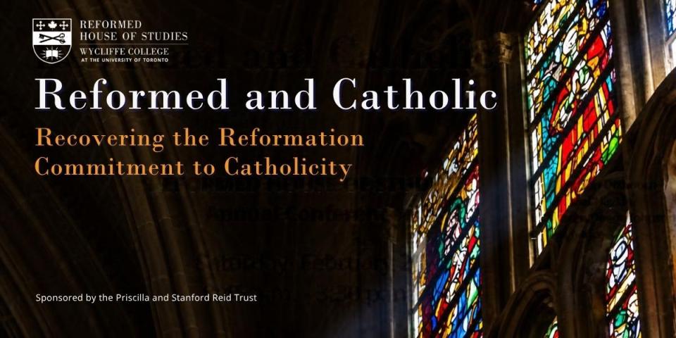 Title of RHS Winter 2027 Conference against black brown photo of cathedral interior with stained glass windows 